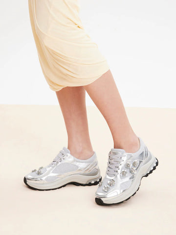 PAZZION, Seraphine Sequinned Blooms Sneakers, Silver